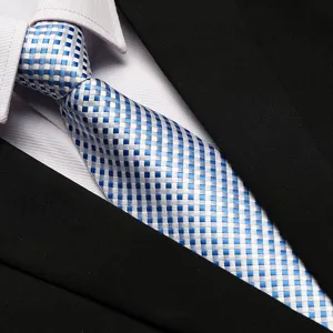 Blue white checkered tie close-up, premium business necktie for men suit shirt matching details.