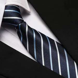 Close-up view of business striped necktie in dark blue with light blue white lines.