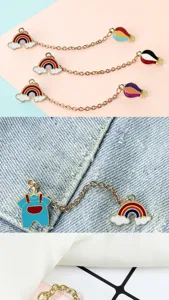 Alloy rainbow cloud hot air balloon overalls chain brooch set detail view showing exquisite design.