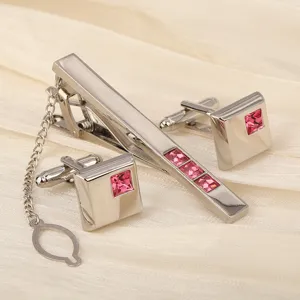 Ensemble pince à cravate et boutons de manchette homme cristal rose argenté accessoire