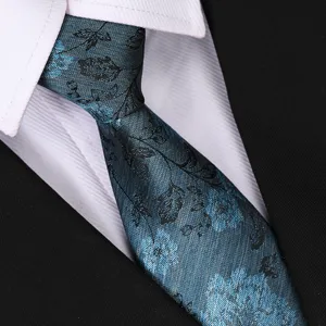 Detailed view of a retro blue floral pre-tied zipper necktie for men and women formal wear.