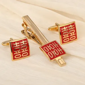 Ensemble boutons de manchette et pince à cravate mariage homme, émail rouge doré chic.
