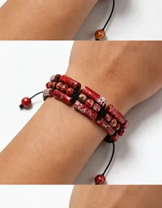 Herren roter Stein Perlen geflochtenes Armband verstellbare mehrreihige zylindrische Schmuck