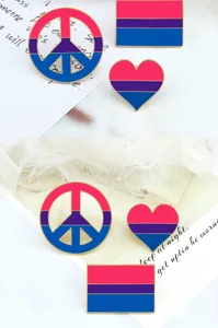 Metal enamel brooch pins featuring bisexual pride flag colors in peace, heart and flag shapes.