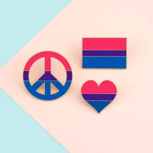 Cute bisexual pride flag enamel pins set featuring peace sign, heart and rectangle shapes.
