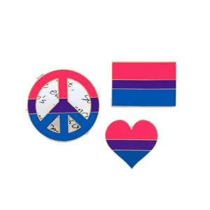 Bisexual pride flag enamel pin set featuring peace sign, rectangle, and heart shapes.