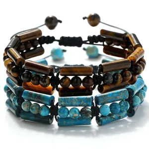 Mehrlagiges geflochtenes Herrensteinarmband mit verstellbarem Zugseil und Zylinderdesign.