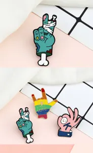 Cute cartoon gesture enamel pin badge set, colorful drip oil metal brooch for backpack decor.