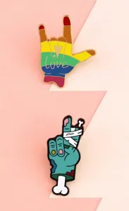 Cute cartoon gesture enamel brooch pins set featuring rainbow and zombie designs for backpack.
