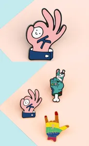 Cute cartoon hand gesture enamel pin set, stylish metal brooch badge for backpack decoration