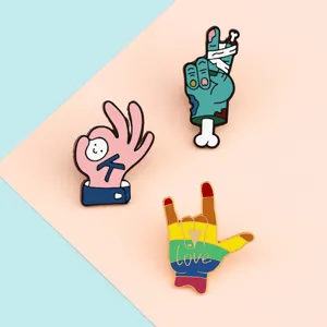 Cute Cartoon Hand Gesture Enamel Brooch Pin Geometric Letter Expression Alloy Badge for Clothing Backpack Decor Jewelry Gift