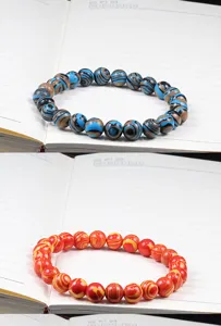 Bracelet élastique en perles de pierre rayées colorées, bijoux de pierres précieuses rondes.