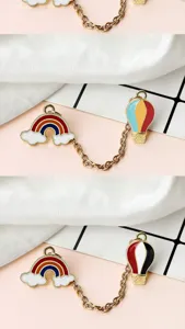Cute rainbow cloud hot air balloon alloy chain brooch set, enamel metal badge accessory.