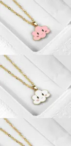 Cute smiling cloud pendant necklace, gold tone chain sweet kawaii jewelry accessory detail shot