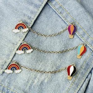 Creative rainbow cloud hot air balloon chain alloy brooch set, cute metal badge for clothes.