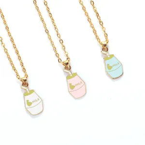 Cute cartoon milk carton pendant necklace with gold chain, enamel cute jewelry for daily wear.