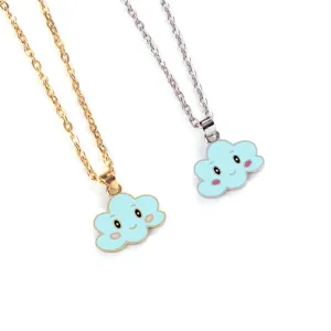 Cute cartoon blue cloud pendant necklace with gold and silver chain for women daily fashion jewelry.