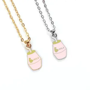 Cute cartoon milk carton pendant necklace set with gold and silver chains for women and girls.