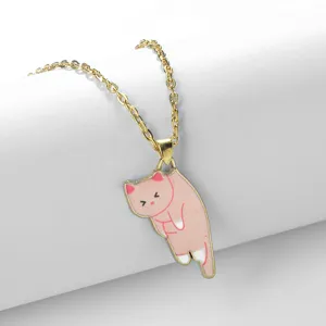 Grazioso collana con ciondolo gatto rosa moda colore oro catena in lega elegante gioielli donna