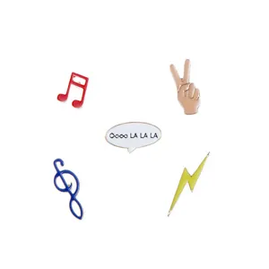 Colorful enamel lapel pins set featuring music notes peace hand lightning and fun speech bubble.