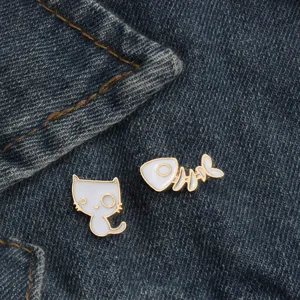 Cute white cat and fishbone enamel brooch pin set, alloy fashion lapel badge accessory.