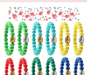 Kleurrijke turquoise steen kralen armband set met boeddha hoofd bedel elastische pols.