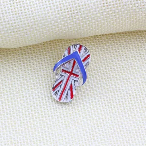 Union Jack British flag flip-flop shaped alloy enamel brooch pin, detailed metal craft.