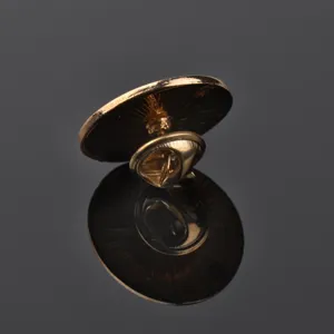 Detailed view of a gold-toned metal brooch pin back with secure butterfly clutch fastener.