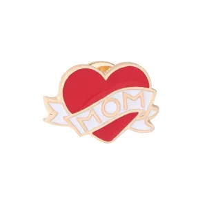 Detailed shot of a red and white heart enamel pin with MOM ribbon design, alloy lapel brooch.