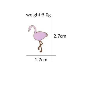 Pink flamingo enamel brooch detail view, alloy material, compact size with clear dimension specs.