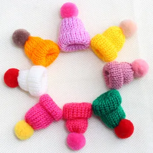 Colorful mini knitted hat charms, cute pom-pom plush beanie decorations for DIY crafts.