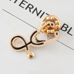 Stethoscope brooch pin gold alloy black enamel medical doctor badge clothing accessory