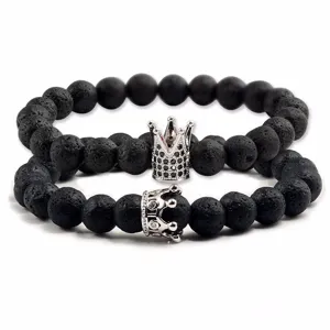 Set di bracciali di perle in pietra lavica nera con ciondoli corona argento elegante