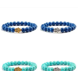Bracelet de perles turquoise avec pendentif main de fatima bijou spirituel yoga unisexe