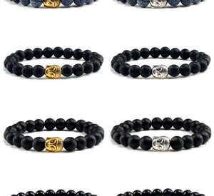 Natuurstenen kraalarmband met Boeddha hoofd hanger spirituele yoga elastische mode sieraden