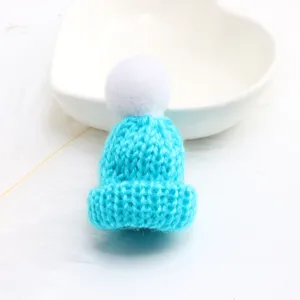Mini blue knitted hat brooch pendant, cute wool ball decoration for clothes and bags.