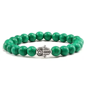 Bracelet Perles de Turquoise en Pierre Colorée Avec Pendentif Main de Hamsa En Alliage Électroplaqué Bracelet Élastique Yoga pour Hommes Femmes