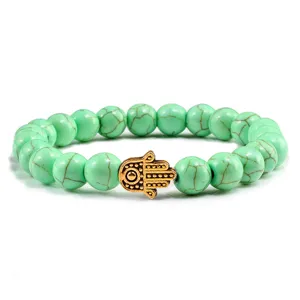 Bracelet de yoga en perles de turquoise avec pendentif main de fatima doré style vintage bijoux