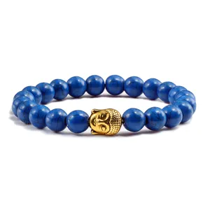 Blauwe Turquoise Kralen Armband met Gouden Boeddha Hoofd Hanger Elastische Steen Sieraden