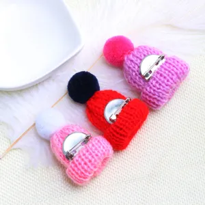 Cute knitted hat brooch mini pompom pin sweet clothing bag decoration accessory main view