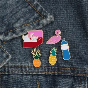 Cute Cartoon Animal Fruit Alloy Enamel Brooch Pin Set For Clothes Bags Colorful Pineapple Cat Flamingo Water Bottle Fashion Lapel Badges Jewelry Gift For Unisex