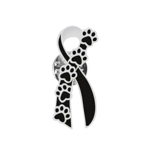 Black white paw print awareness ribbon brooch lapel pin metal badge for pet lovers