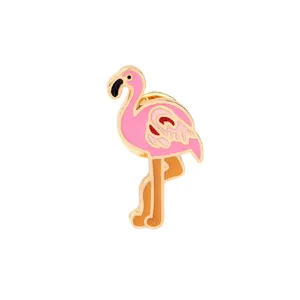 Pink flamingo enamel lapel pin gold plated alloy brooch badge detail accessory for women clothes.