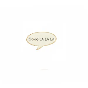 Creative speech bubble enamel pin detail, cute gold-rimmed metal lapel brooch badge accessory.