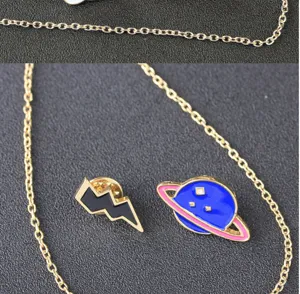 Detailansicht von kreativen Legierung Emaillierten Blitz und Planet Brosche Kette Set.