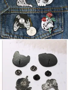 Set de pins en émail métal style punk Halloween avec squelette rose et belle guitare.