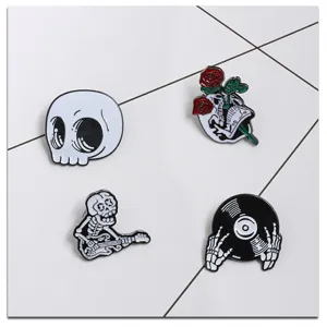 Halloween tête de mort broches émail punk gothique ensemble guitare vinyle badges décors