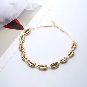 Goldfarbene Kaurimuschel geflochtene Choker Halskette fur Strand Urlaub verstellbar