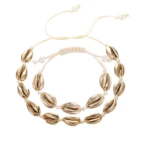 Gold Kauri Muschel geflochtene Halskette Armband Set verstellbarer Strand Schmuck