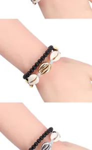 Set bracciale conchiglia boho etnico perle nere multistrato intrecciato spiaggia